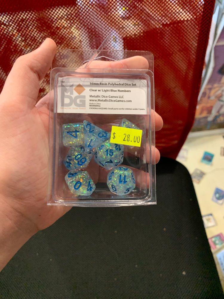 MDG 16mm Resin Polyhedral Dice Set: Flash Clear w/ Light Blue Numbers