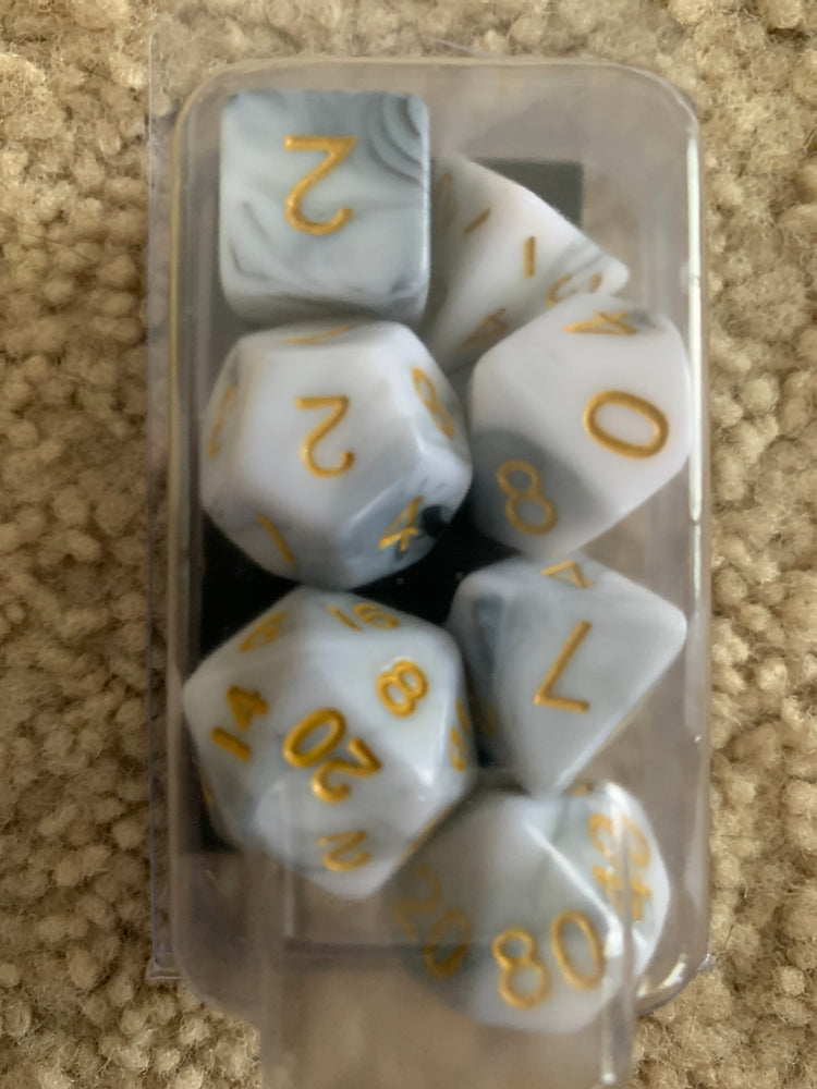 MDG 16mm Acrylic Polyhedral Dice Set: Marble w/ Gold Numbers