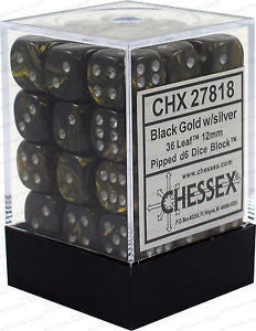Chessex D6 Dice Leaf 12mm Black Gold/Silver (36 Dice in Display)