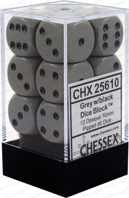 Chessex D6 Dice Opaque 16mm Grey/Black (12 Dice in Display)