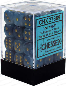 Chessex D6 Dice Phantom 12mm Teal/Gold (36 Dice in Display)