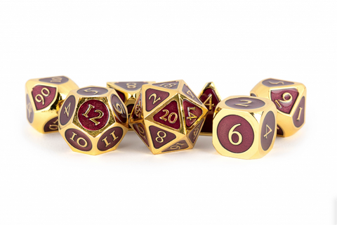 MDG 16mm Metal Polyhedral Dice Set: Gold w/ Purple Enamel