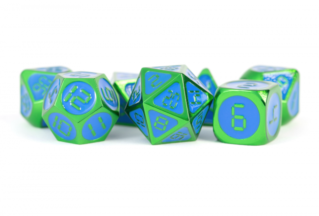 MDG 16mm Metal Polyhedral Dice Set: Green w/ Blue Enamel