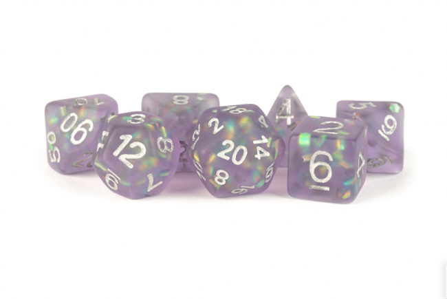 MDG Resin Icy Opal Dice Set 16mm Polyhedral - Purple with Silver Numbers
