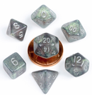MDG 10mm Mini Polyhedral Dice set: Stardust Gray w/ Silver Numbers