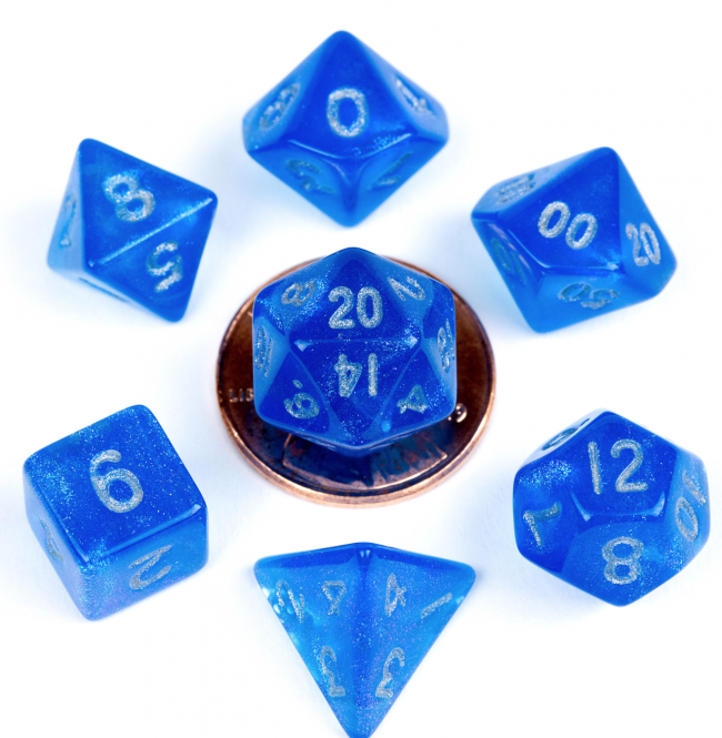 MDG 10mm Mini Polyhedral Dice set: Stardust Blue w/ Silver Numbers