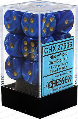 Chessex D6 Dice Vortex 16mm Blue/Gold (12 Dice in Display)