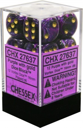 Chessex D6 Dice Vortex 16mm Purple/Gold (12 Dice in Display)