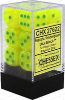 Chessex D6 Dice Vortex 16mm Bright Electric/Yellowgreen (12 Dice in Display)