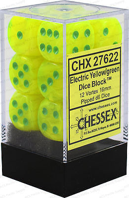 Chessex D6 Dice Vortex 16mm Bright Electric/Yellowgreen (12 Dice in Display)